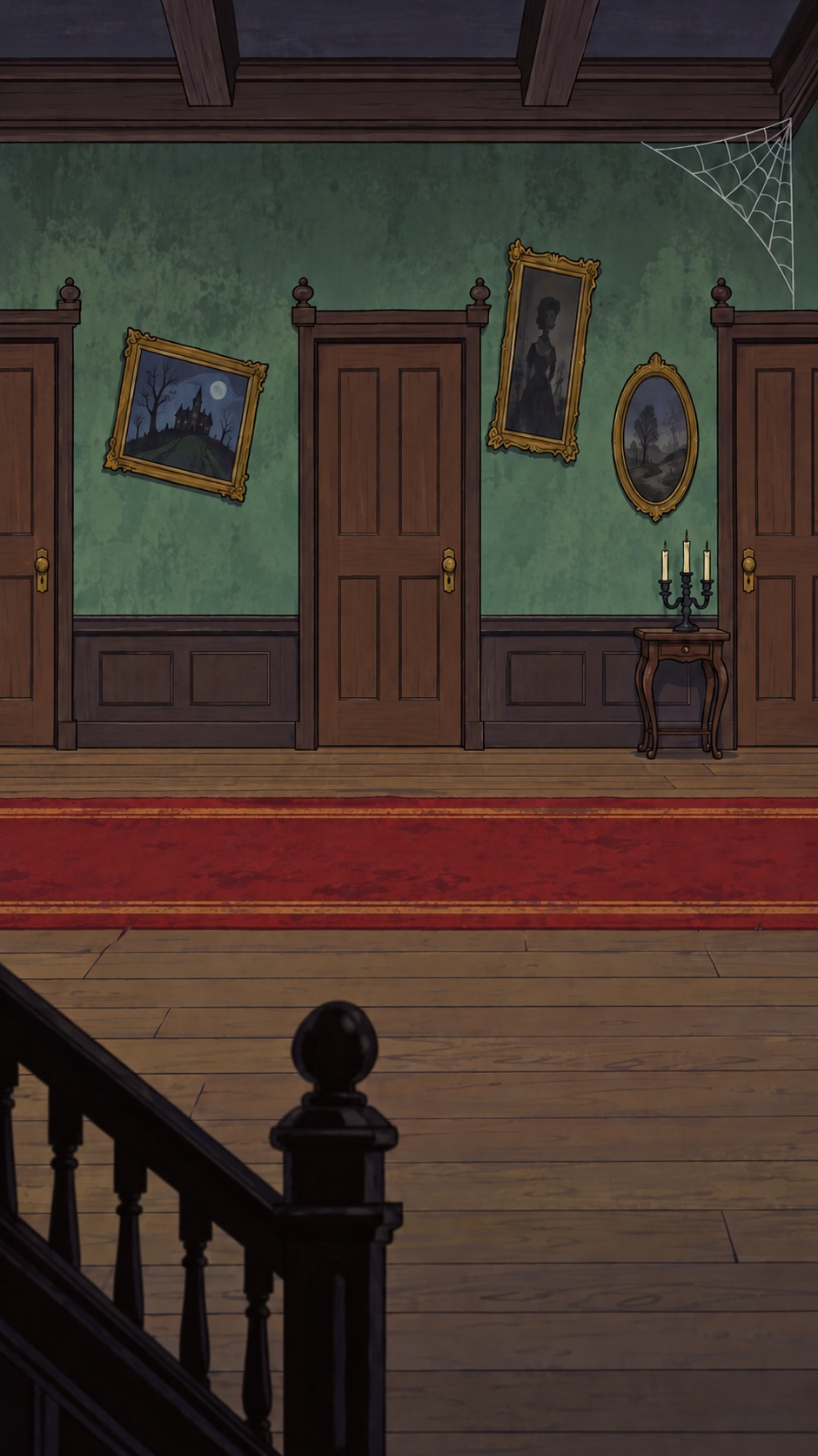A haunted house hallway with wooden doors